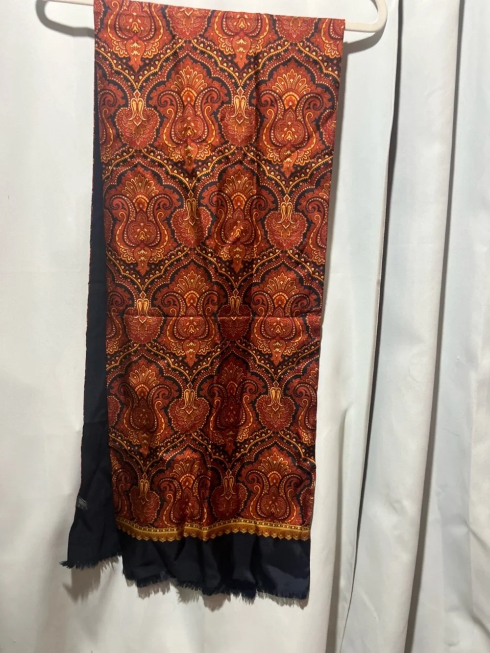 Vintage Italian Paisley Wool and Silk Scarf Red Orange Gold With Navy Fringe Lux